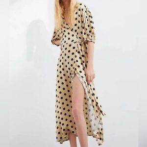 ZARA Satin Effect Gold & Black Polka Dot Puff Sleeve Dress, size small